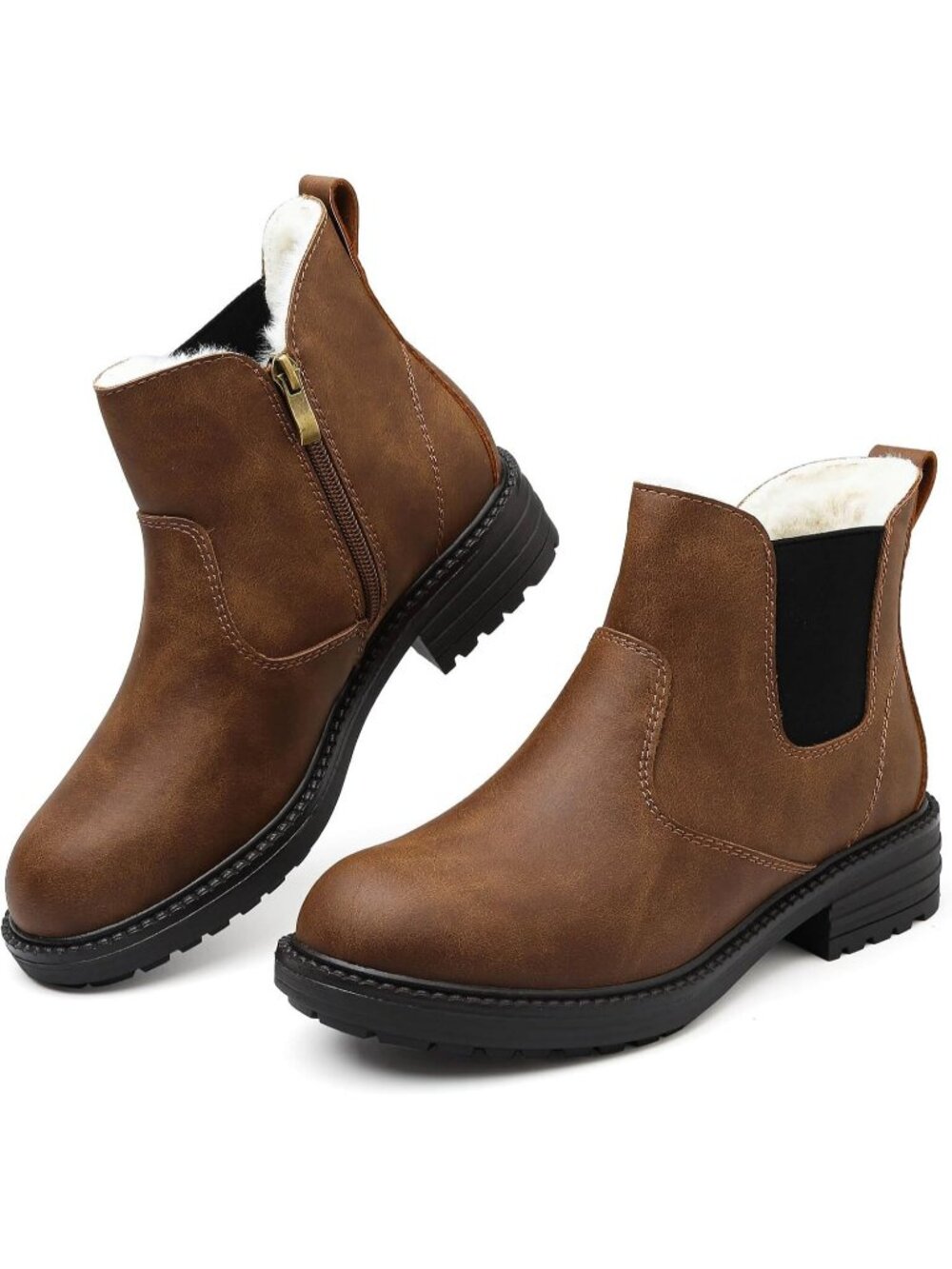 Women's Brown Chelsea Boots Waterproof Fur Lined Ankle Side Zipper Warm Boots